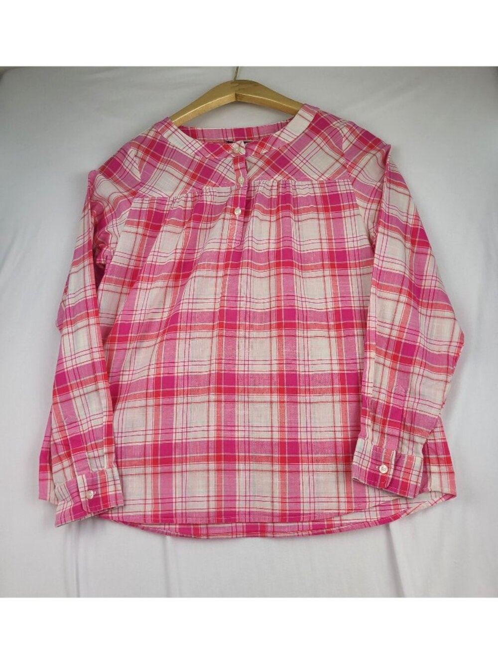 Vineyard Vines Pink White Plaid Pullover Top Collarless Long Sleeve Woman XL